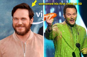 Chris Pratt smiles on the red carpet vs Chris Pratt holds a Nickelodeon award shaped like a rocket