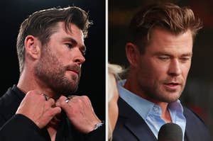 Chris Hemsworth fixes his collar on the red carpet vs Chris Hemsworth speaks into a microphone