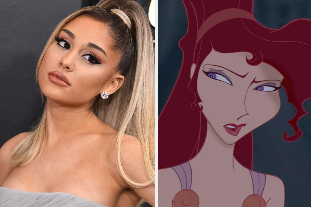 Close-up of Ariana in a strapless outfit and animated Megara