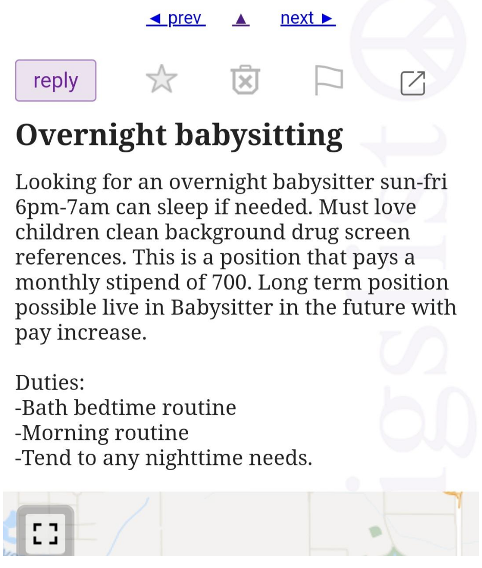&quot;Long term position possible live in Babysitter in the future with pay increase.&quot;