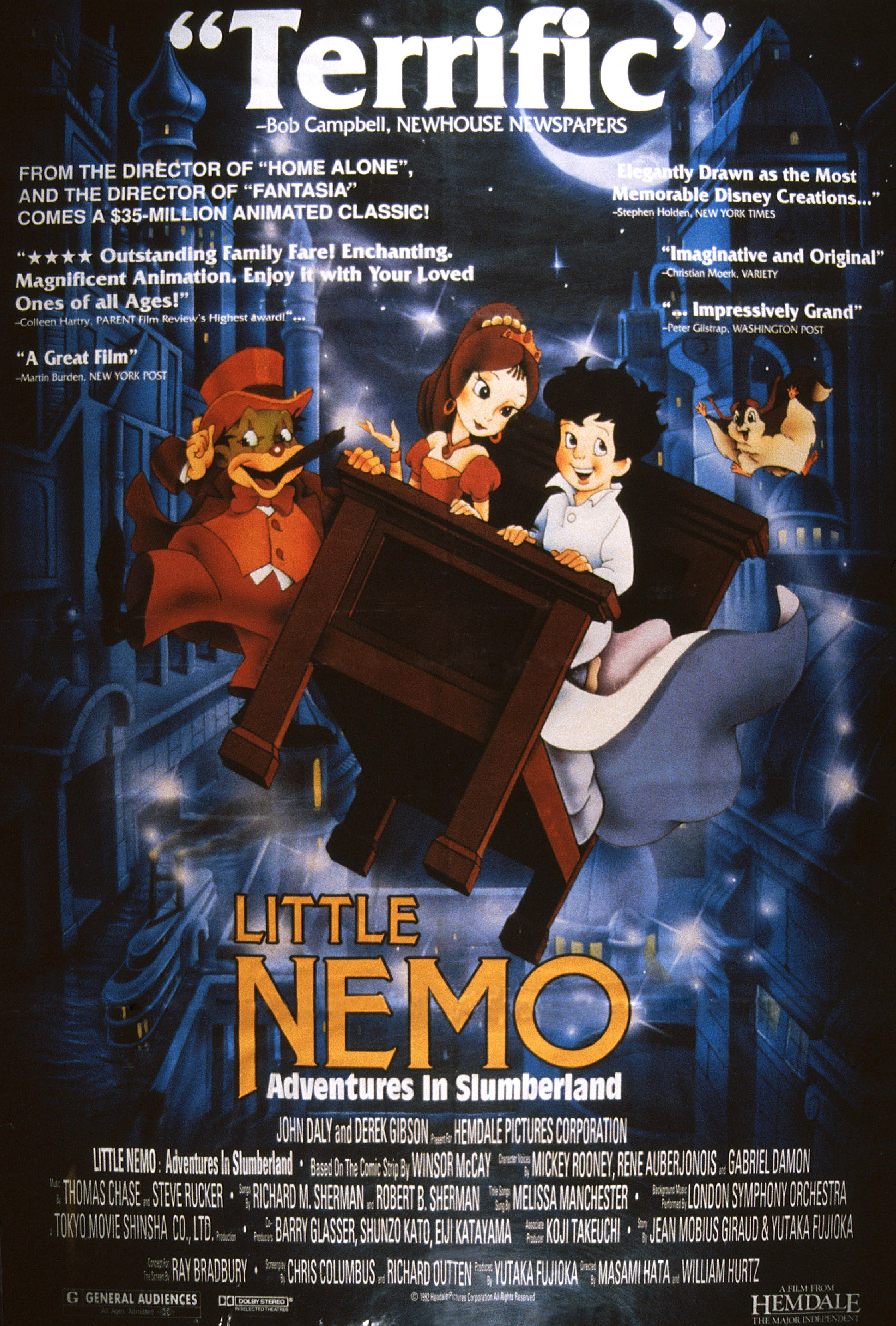 movie poster with animated cast in a flying bed