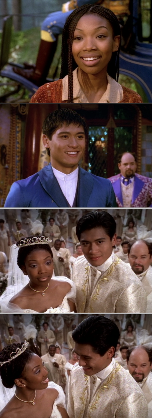 the two characters when they first meet and then later getting married