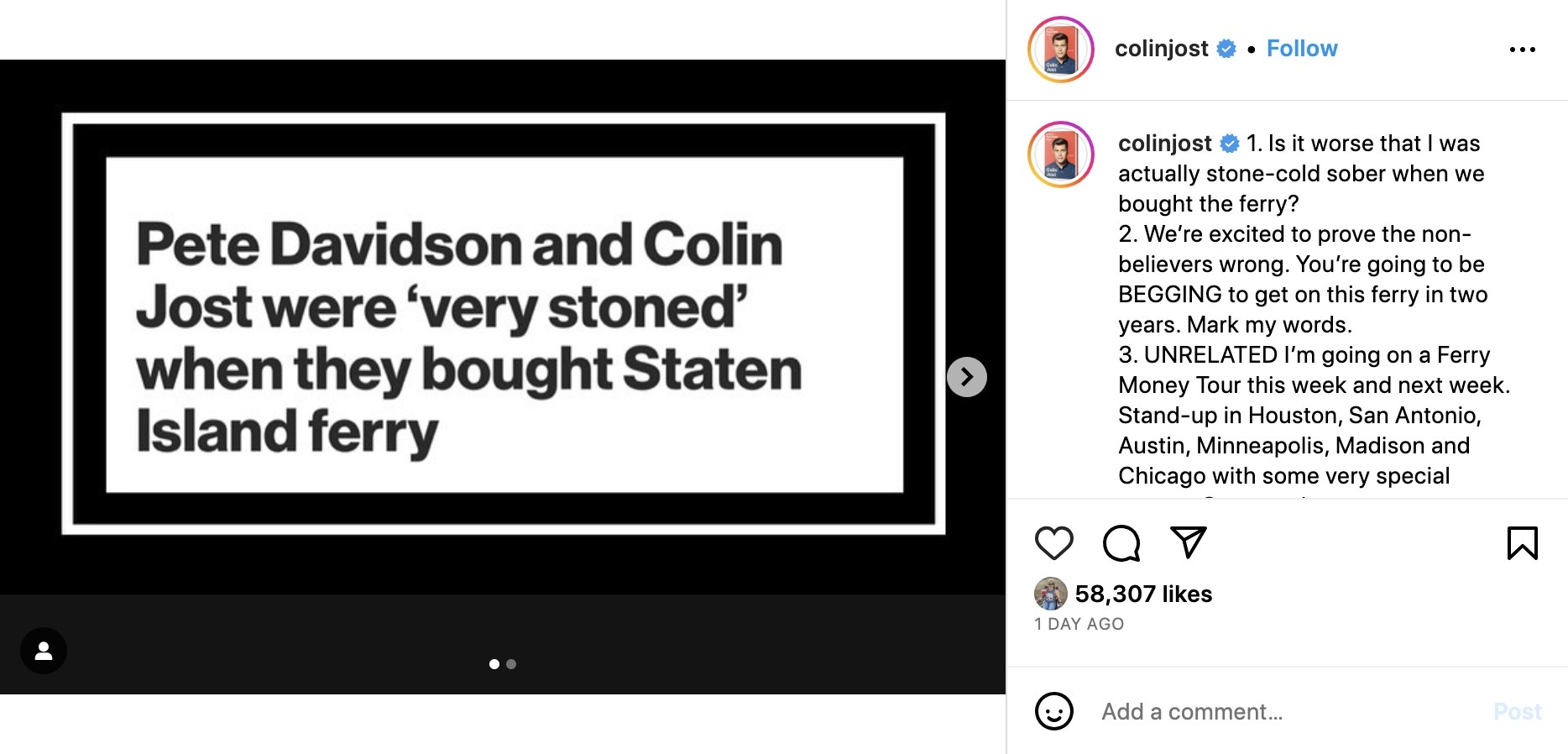 A screenshot of a headline that says &quot;Pete Davidson and Colin Jost were very stoned when they bought the ferry&quot;