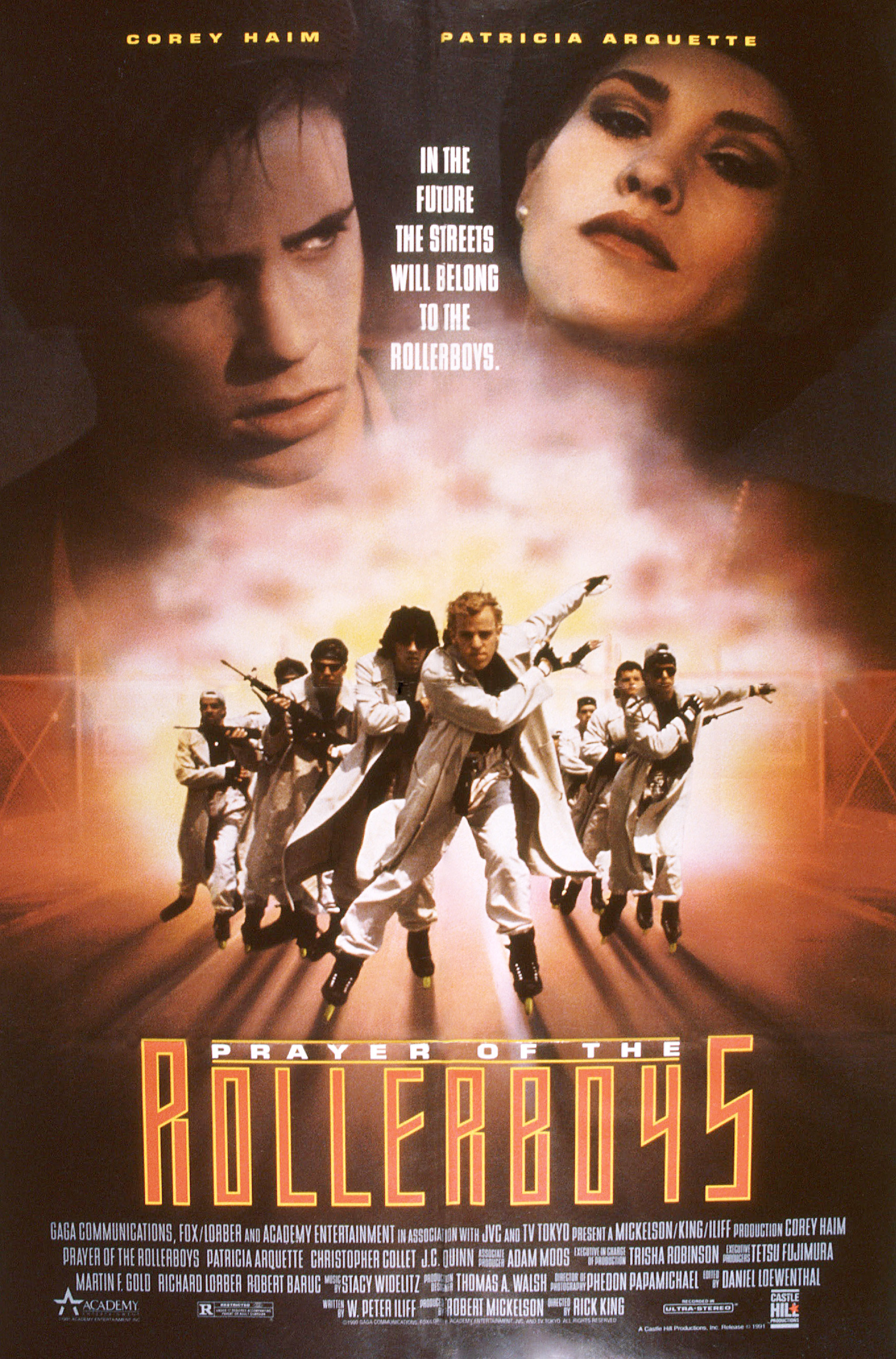 movie poster with a v-formation of people skating