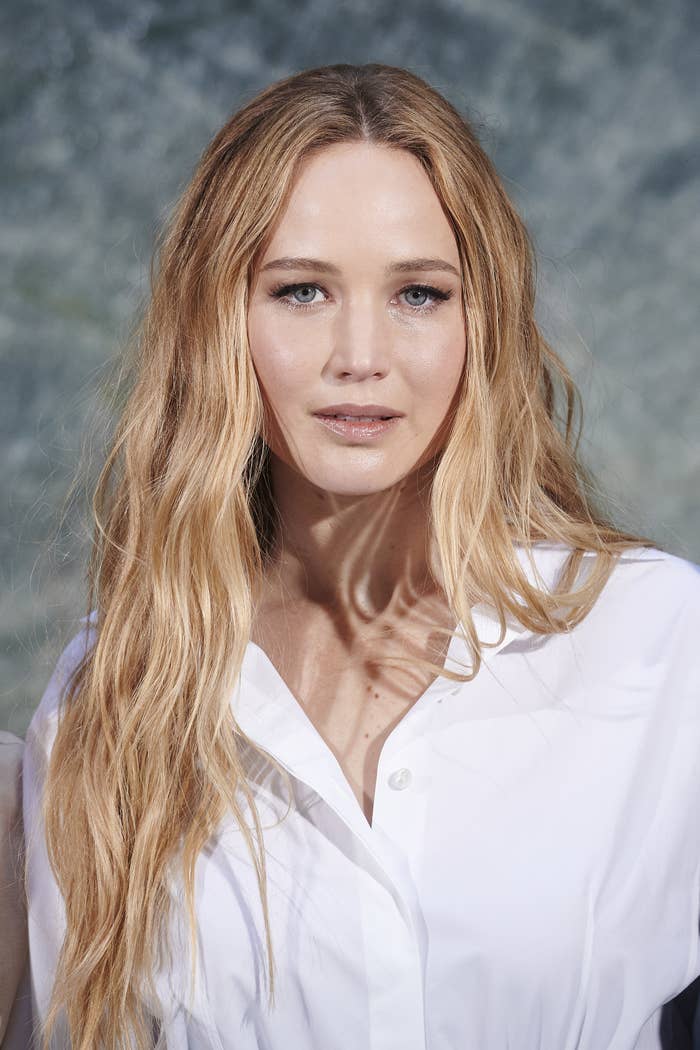A close-up of Jennifer Lawrence with her hair down in beach-y waves