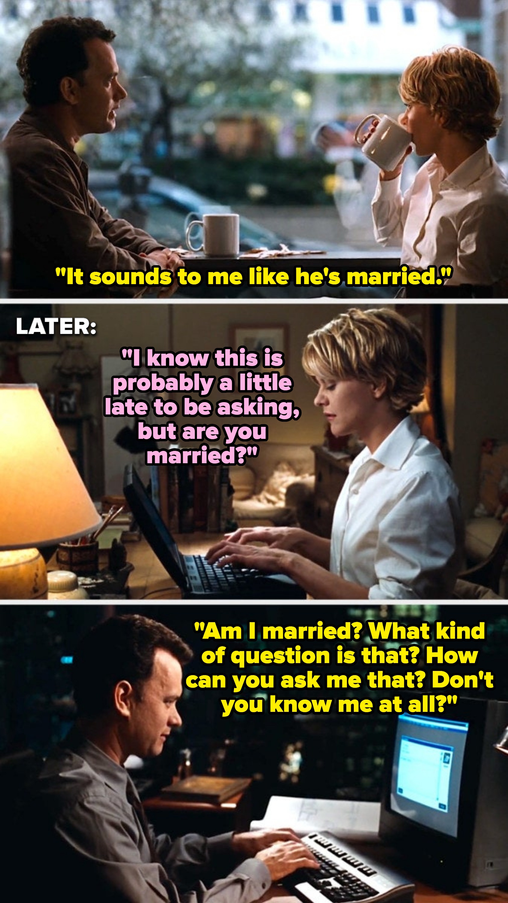 men and woman sending emails to each other and her asking if he's married since they haven't met yet