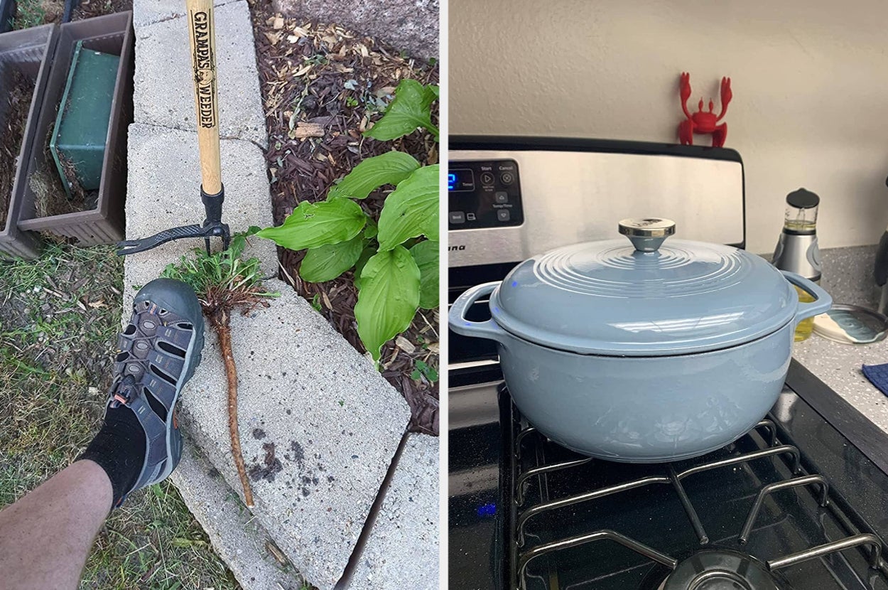 on left: reviewer standing next to weed-pulling tool on the ground. on right: blue Dutch oven on stove