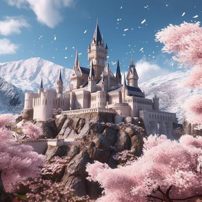 The castle is surrounding by mountains in the background and cherry blossom trees in the foreground