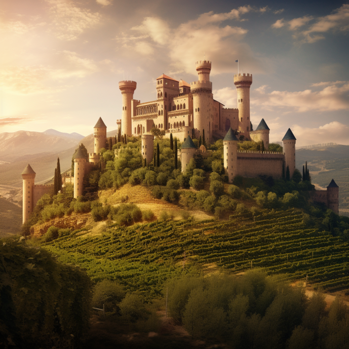 This castle sits atop a hill and is surrounded by vineyards