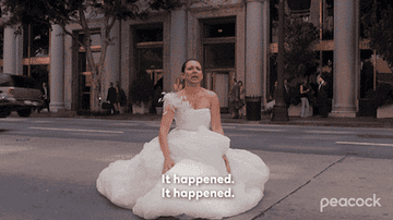 From &quot;Bridesmaids&quot;: a bride in a wedding dress runs across the street and says &quot;It&#x27;s happening&quot;