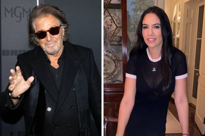 Al Pacino wearing sunglasses and smiling on the left and Noor Alfallah on the right standing in a dining room