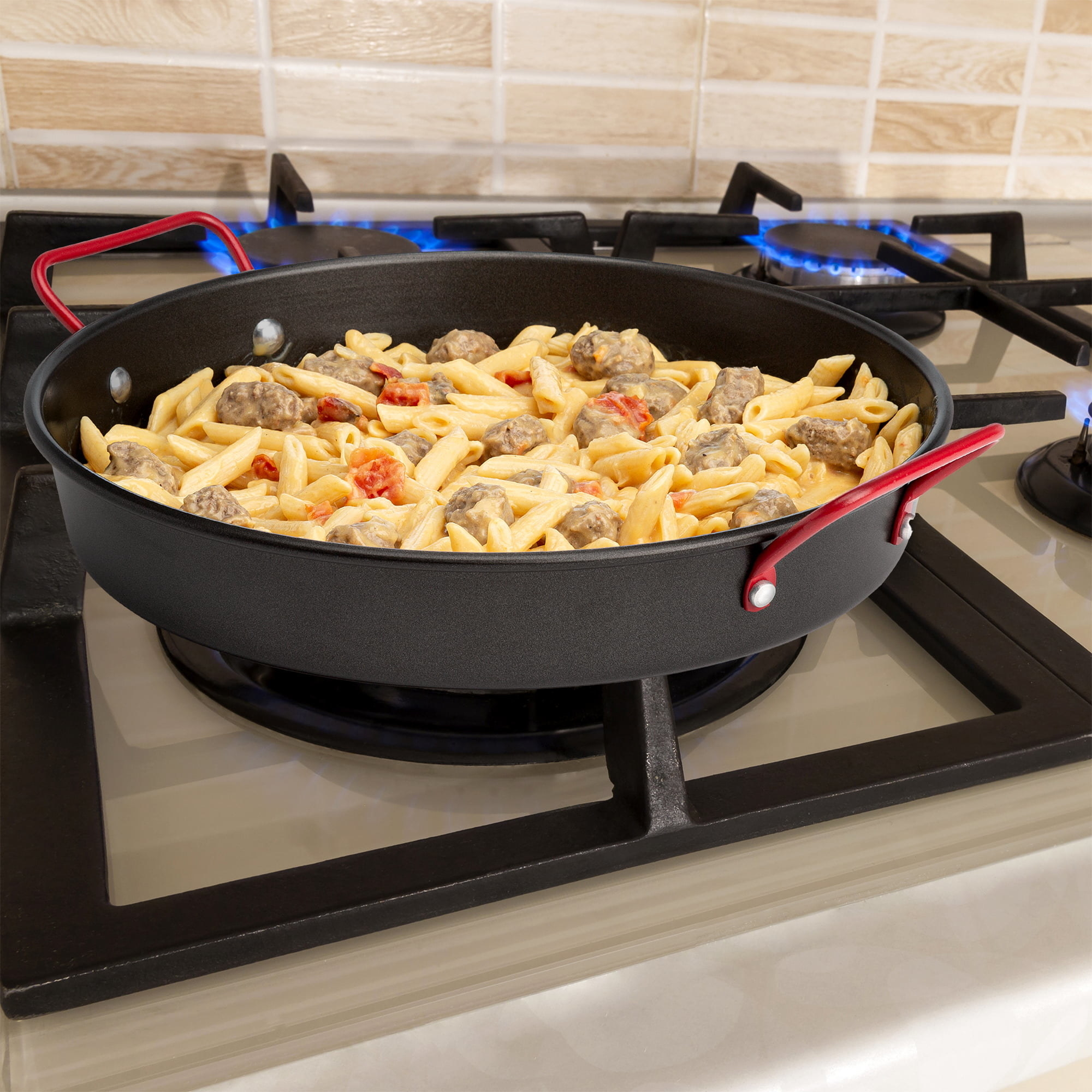nonstick high-side pan with thin red handles
