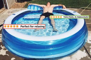 Reviewer relaxing on the built-in bench of an inflatable pool with 5-star review titles on the image "perfect for relaxing" and "this pool is fabulous"