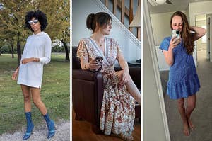 on left: reviewer in gray sweatshirt dress. in middle: reviewer in wrap-front maxi dress with floral print. on right: reviewer in short sleeve blue dot mini dress