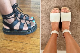 on left: reviewer wearing black gladiator platform sandals. on right: reviewer wearing white espadrille flatforms