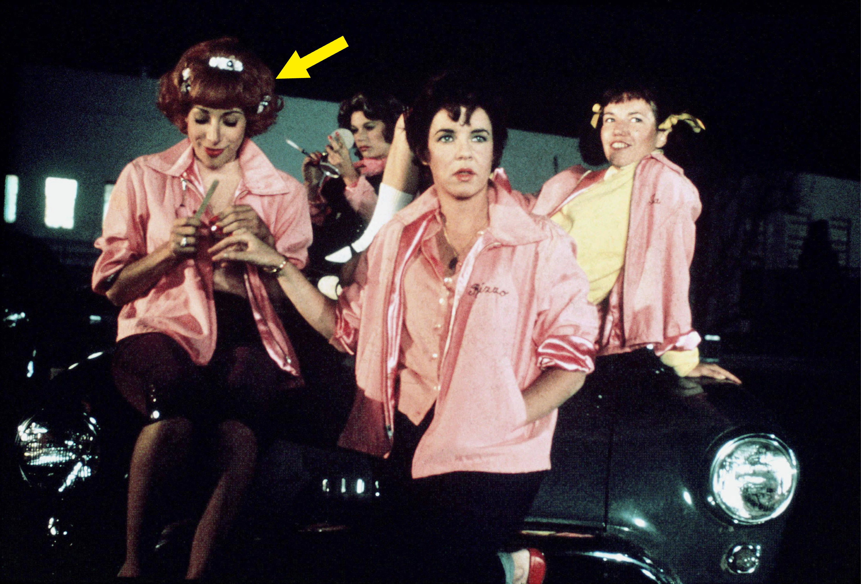 Didi Conn, Jamie Donnelly, Stockard Channing, and Dinah Monaff dressed as the Pink Ladies in Grease