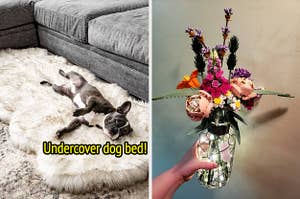 on left: small dog napping on undercover dog bed that looks like a fluffy white rug. on right: reviewer holding Lego bouquet of flowers in a vase with string lights