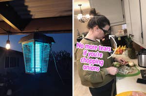 on left: blue bug zapper on porch at night. on right: reviewer wearing glasses to prevent their eyes from tearing up while cutting an onion
