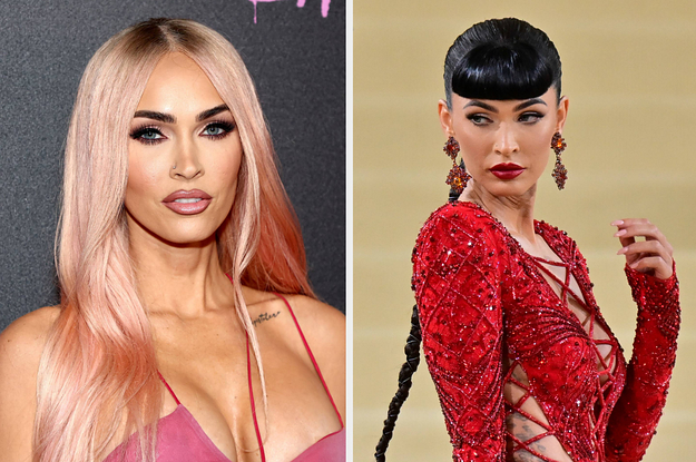 Megan Fox poses on the red carpet vs Megan Fox looks back as she poses for a photo on the red carpet