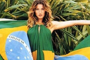 the model Gisele Bundchen wears a Brazilian flag
