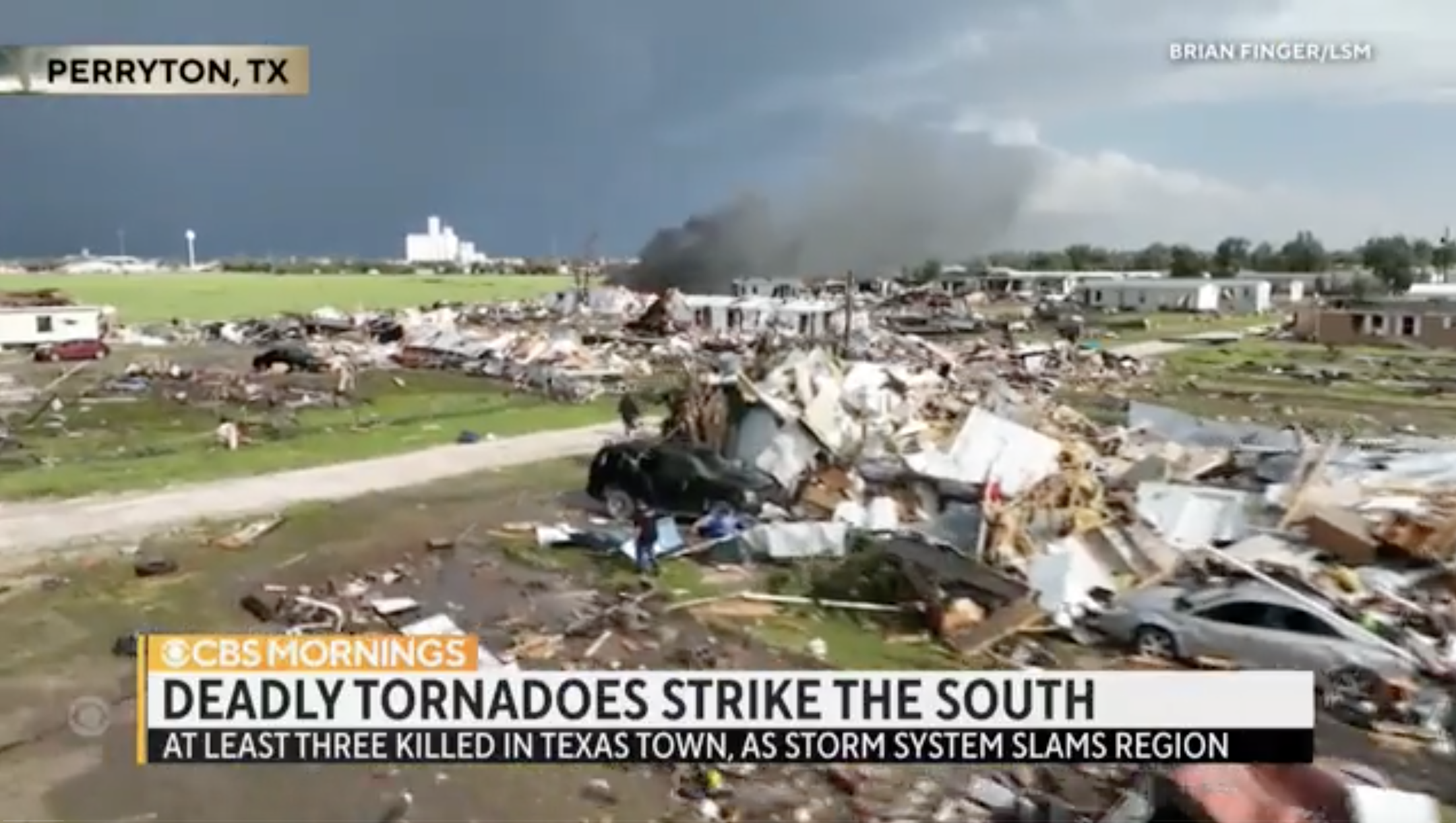 Scene of destruction in Perryton, with CBS Mornings chyron &quot;Deadly tornadoes strike the South; at least three killed in Texas town as storm system slams region&quot;
