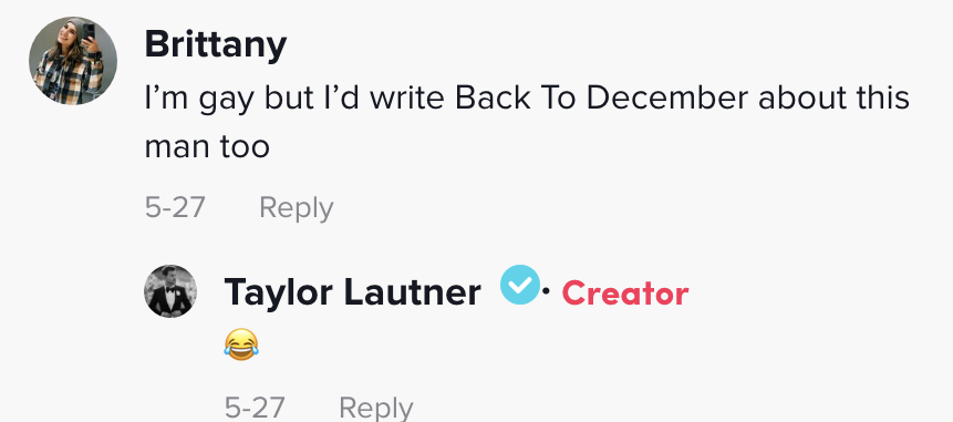 Taylor replies to someone who says they&#x27;re gay but would write back to december about him