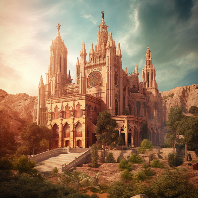 The castle resembles a religious cathedral, has very sparse greenery around it and desert-like rock formations behind it