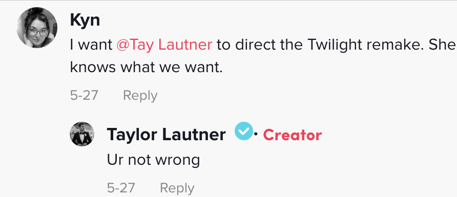 Taylor replies to a fan asking Tay to direct twilight