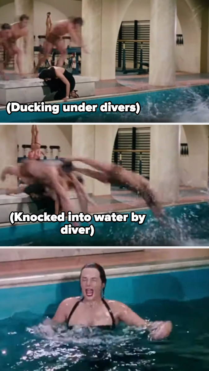 the divers dive into the water while jane is crouched down and then gets knocked in by one of the diver&#x27;s foot