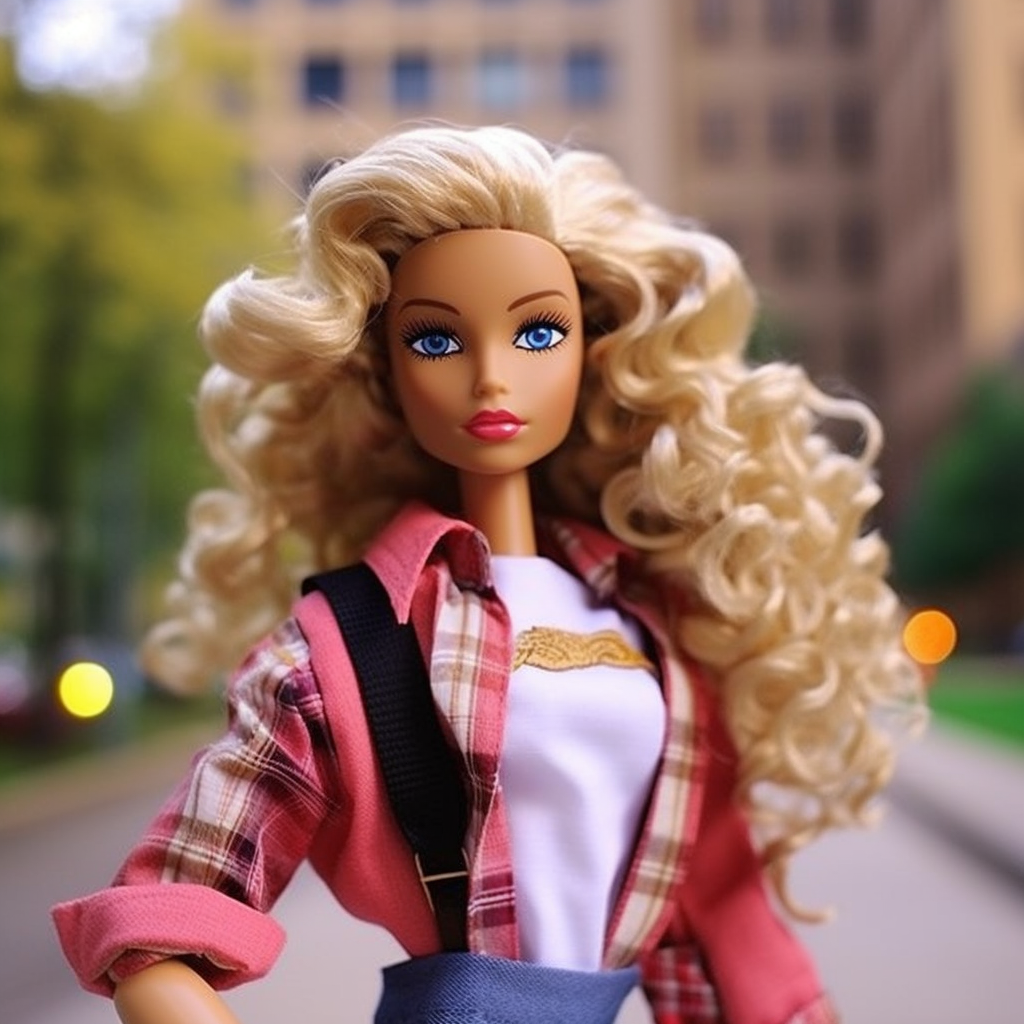 Barbie doll with curly hair standing outside wearing a t-shirt with a plaid shirt over it and jeans with a suspender strap on one side