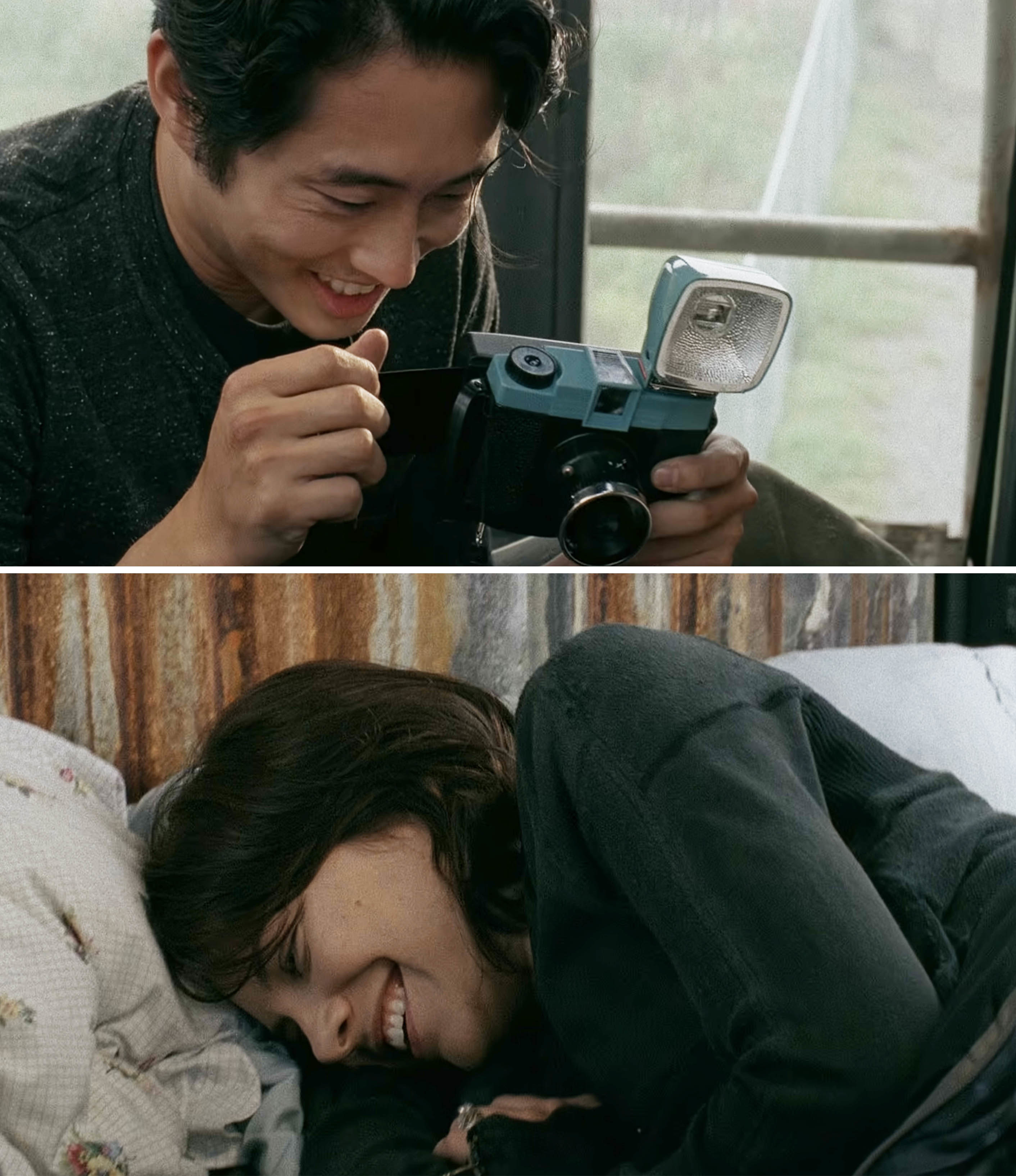 glenn taking photos of maggie laughing in bed