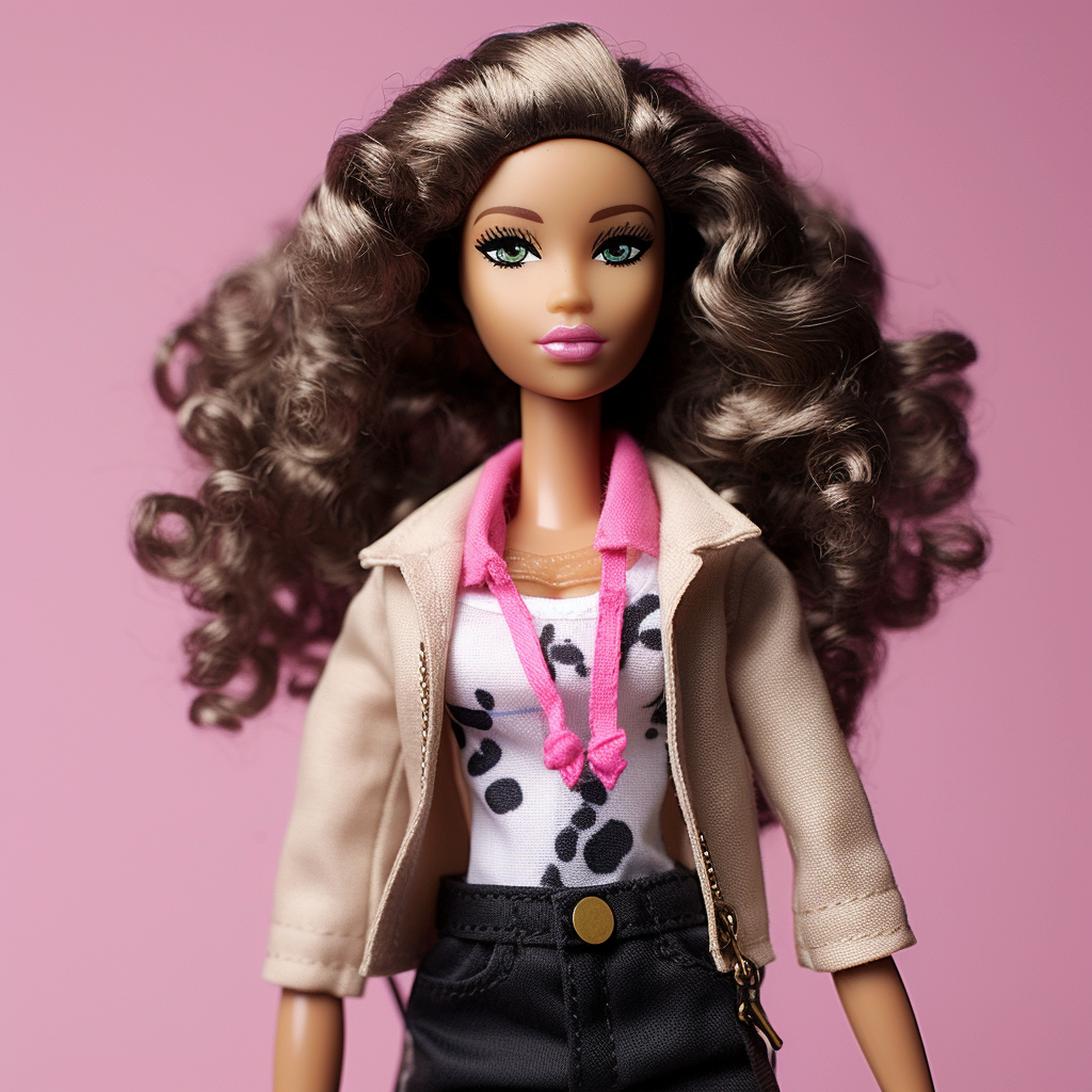 A Barbie with curly hair wearing a leather-style jacket, a printed shirt, and dark pants