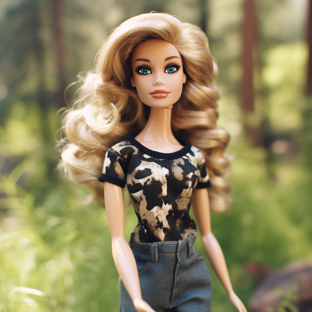 A Barbie standing in nature with big, curly hair wearing a printed t-shirt and jeans
