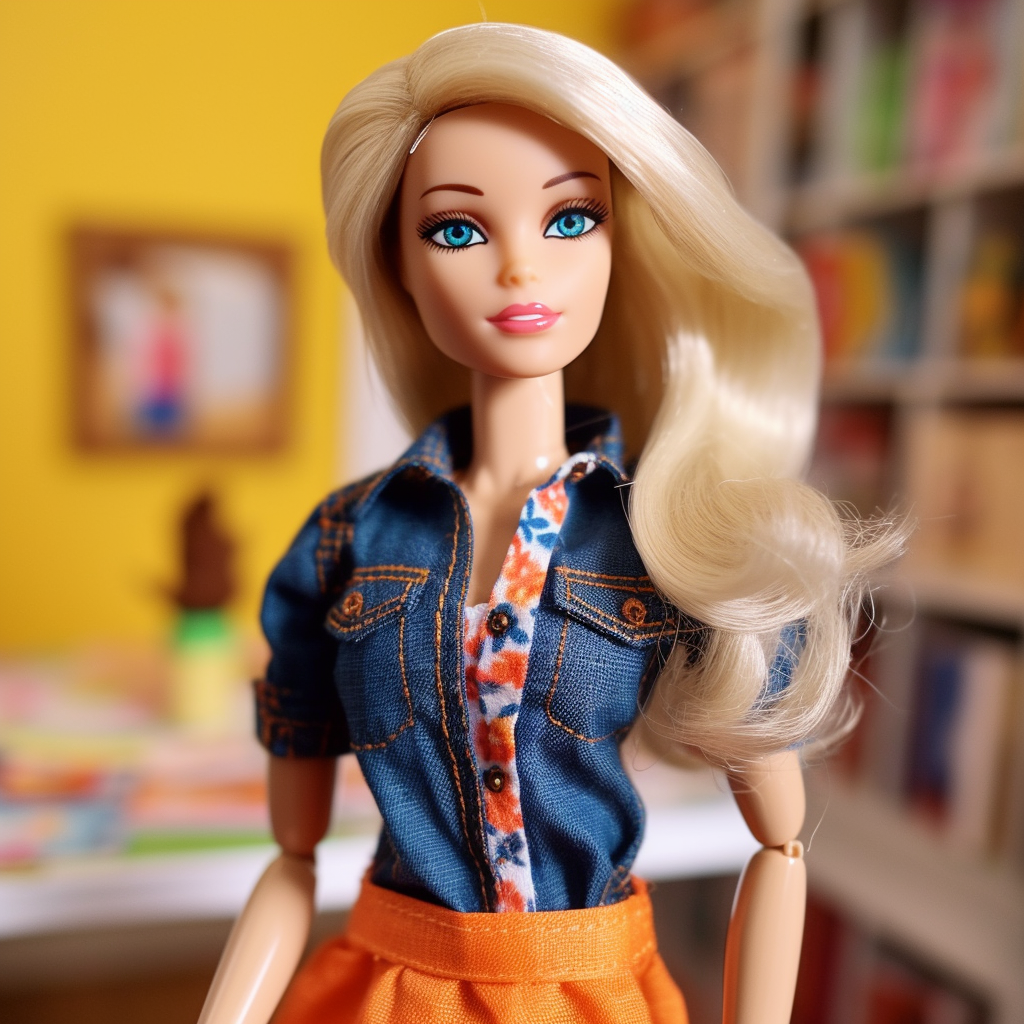 A Barbie with a side part wearing a short sleeve denim shirt with a floral lapel and a flowy skirt