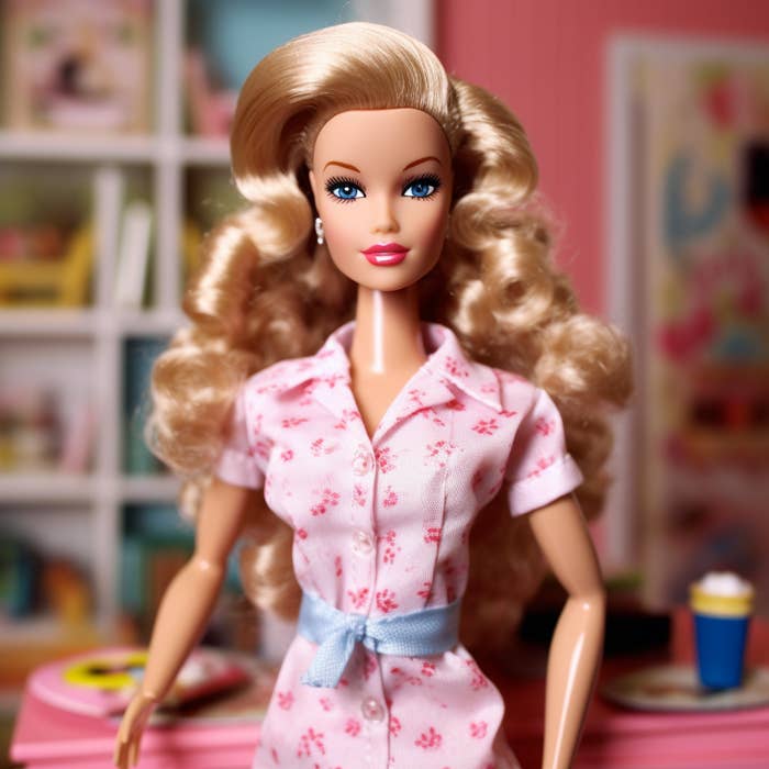 A Barbie wearing a floral dress that ties at the waist