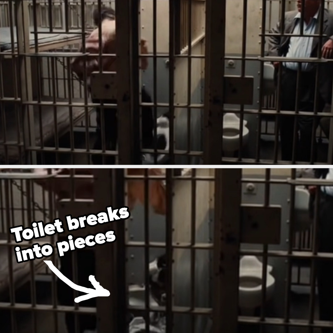 the toilet seen through the cells bars in pieces