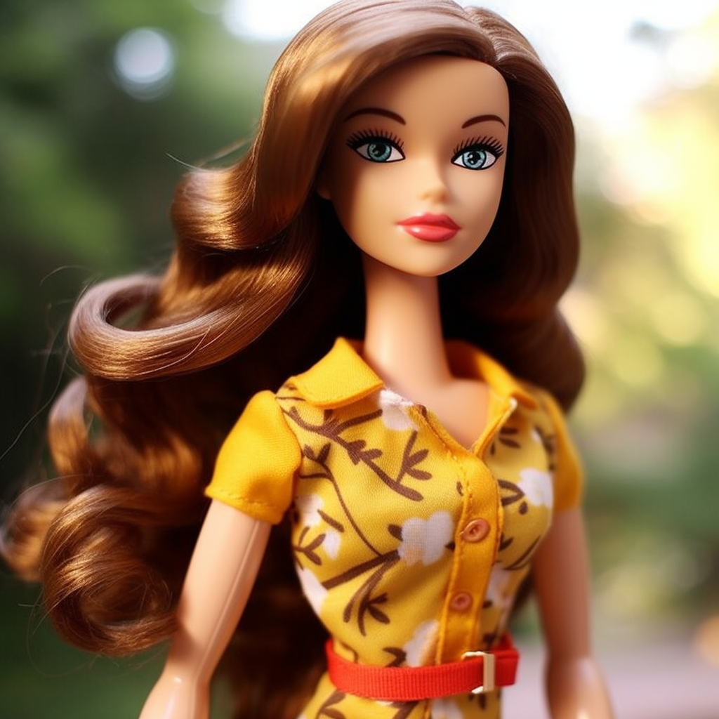 Barbie doll outside with long, curly hair wearing a short-sleeved, button-down dress with a belt at the waist