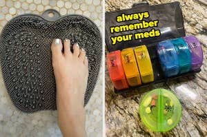 foot scrubber mat and a daily pill organizer