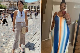 a reviewer wearing a white racerback crop top; a plus size reviewer wearing a stripe spaghetti strap maxi dress