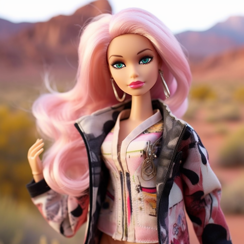A Barbie wearing hoop earrings, a printed jacket, and a printed top