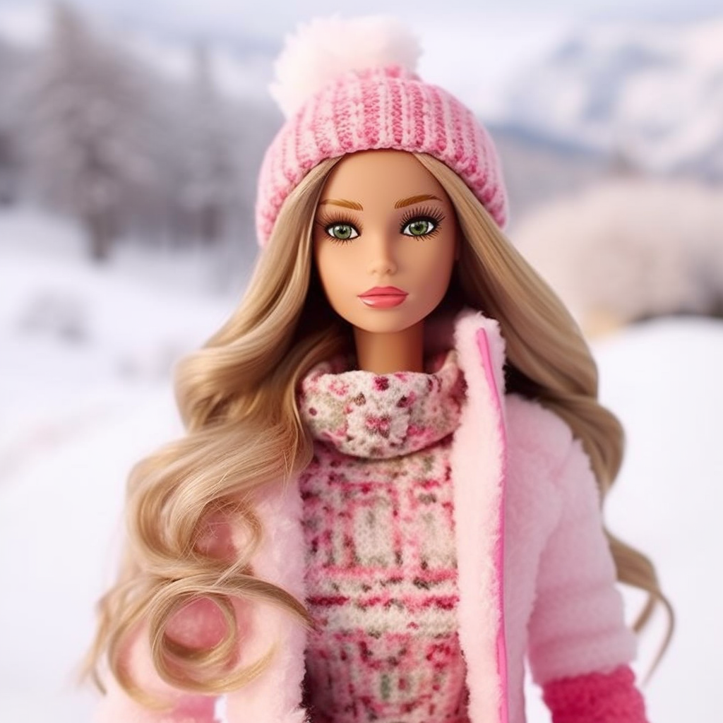 A Barbie outside in the snow wearing a beanie, a turtleneck, and a fuzzy winter jacket