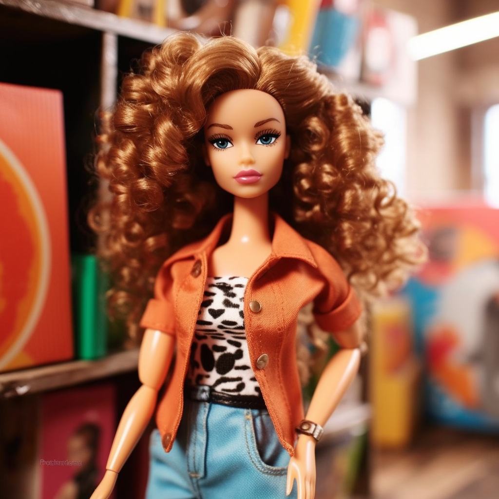 A Barbie wearing a short-sleeved button-down top, printed top, and jeans