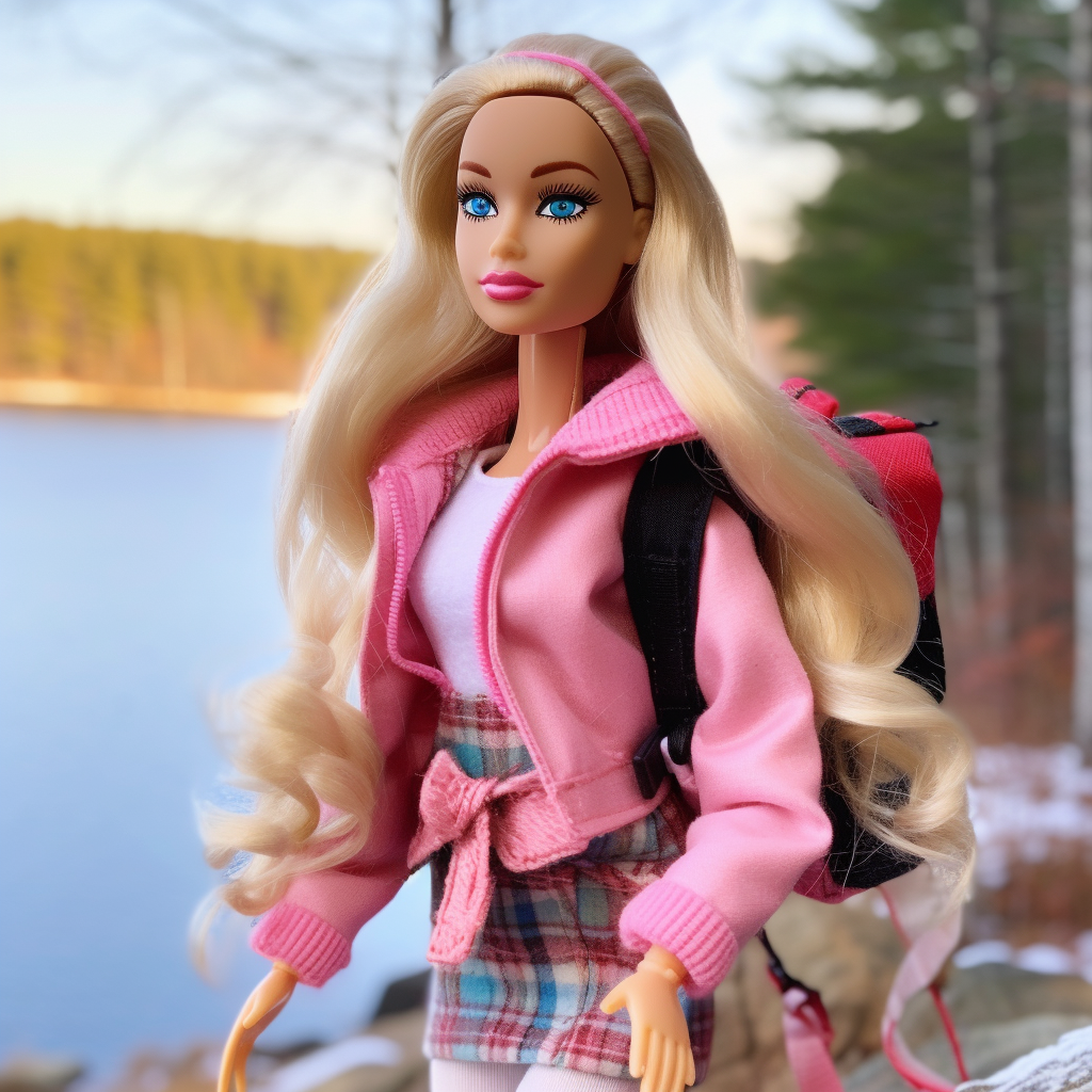 A Barbie hiking in the woods wearing a headband, hoodies, plaid skirt, and stockings