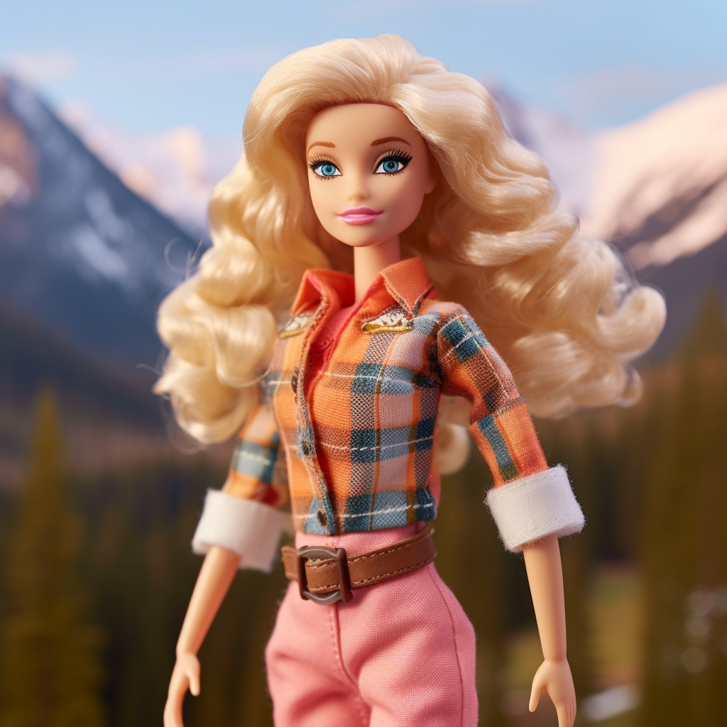 A Barbie in the mountains wearing a plaid shacket, pants, and a belt