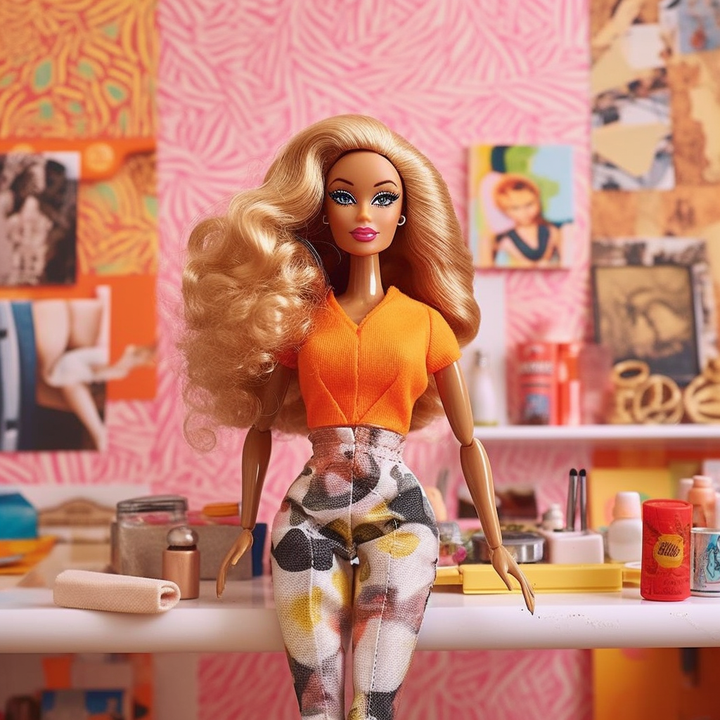 Barbie doll standing in some sort of workshop wearing a t-shirt with a v-neck and high-waisted printed pants
