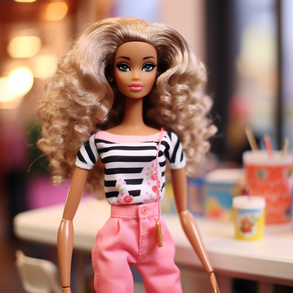 A Barbie wearing a patterned t-shirt and high-waisted, bright pants