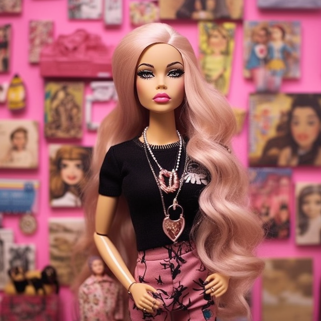 A Barbie wearing several necklaces, a t-shirt, and printed pants