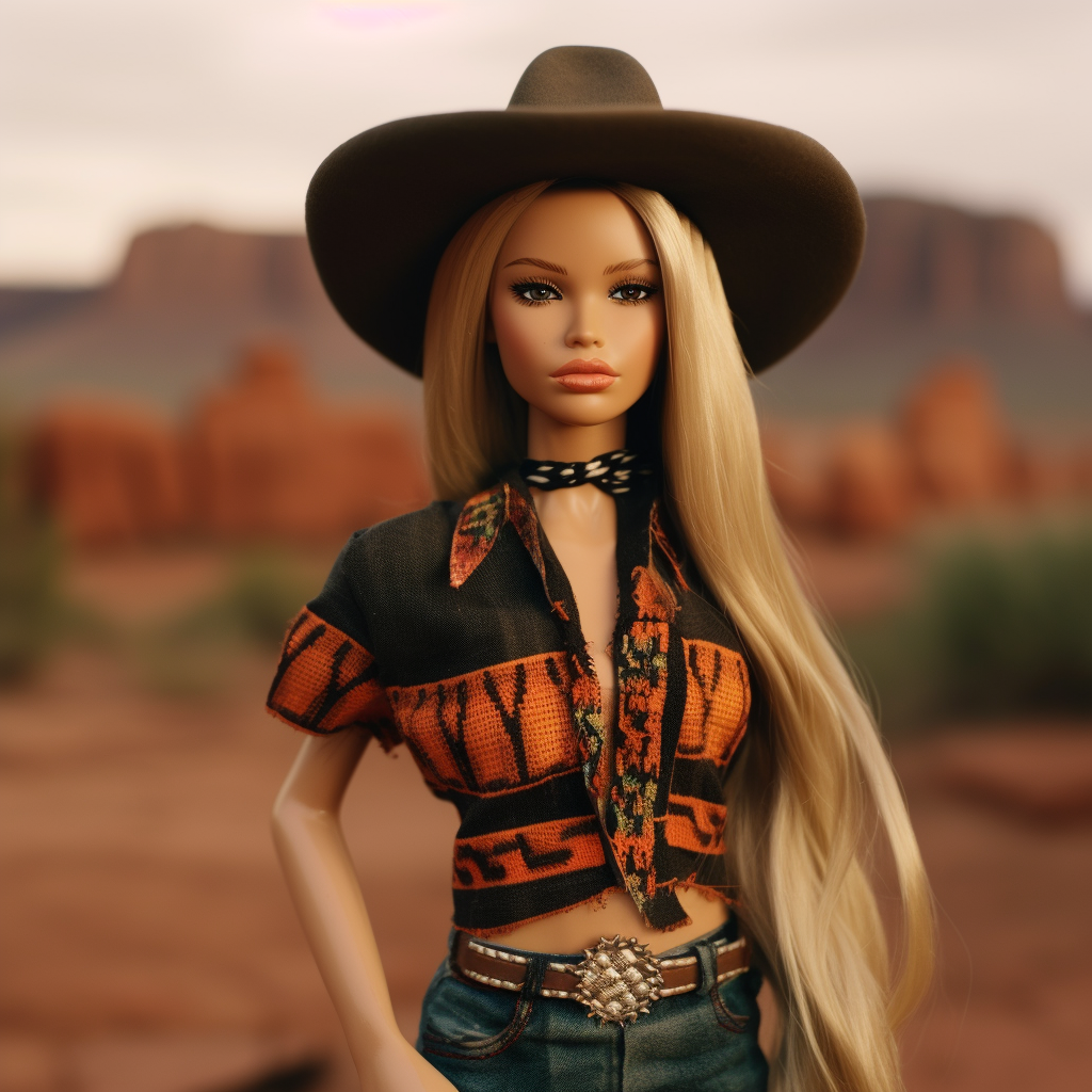 A Barbie wearing a hat, short sleeve shirt, and jeans and a belt