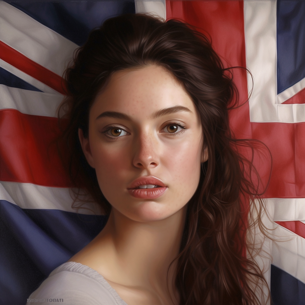 A woman with brown hair standing in front of the colors of the UK flag