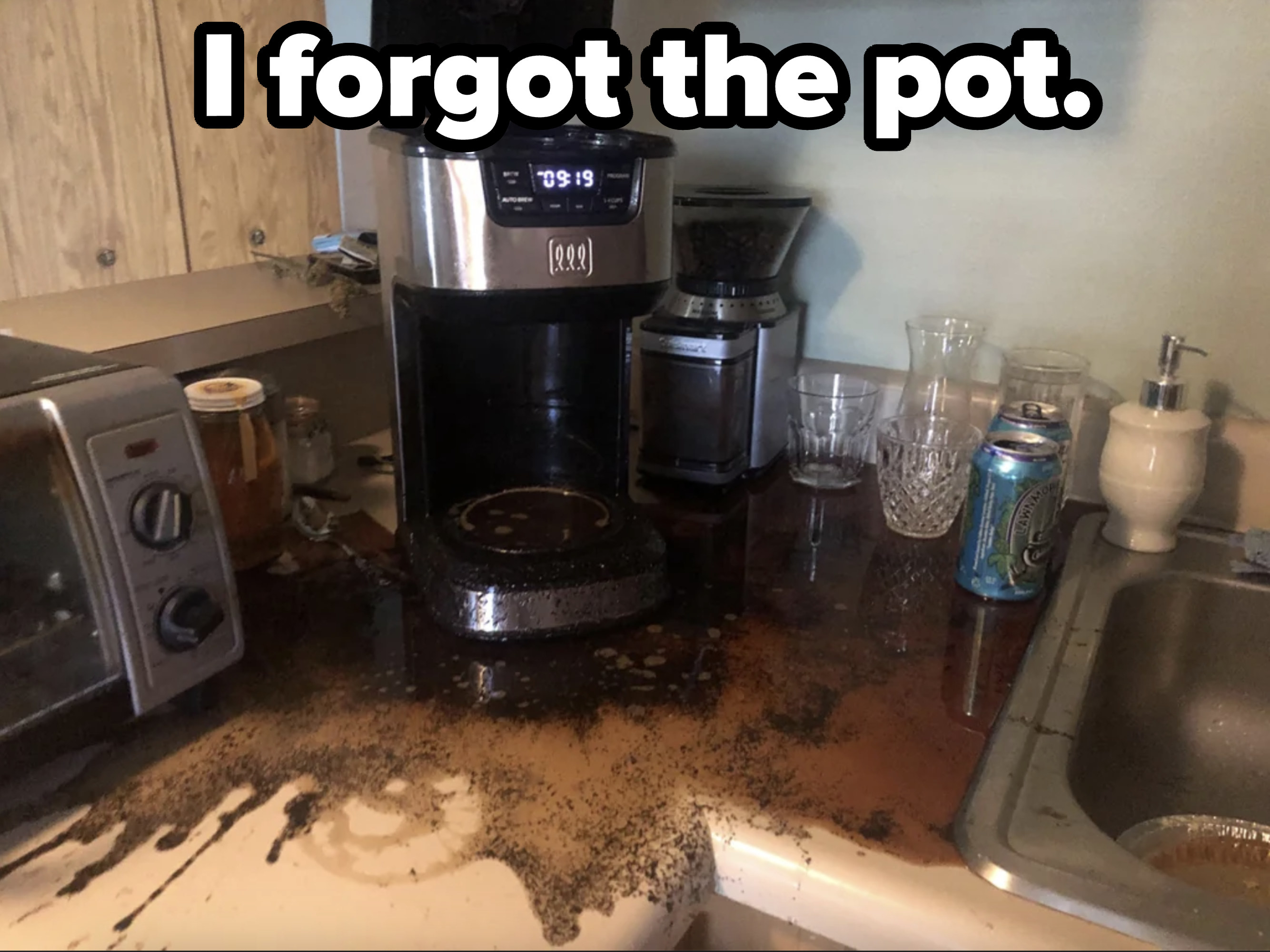 Coffee spilled all over a countertop
